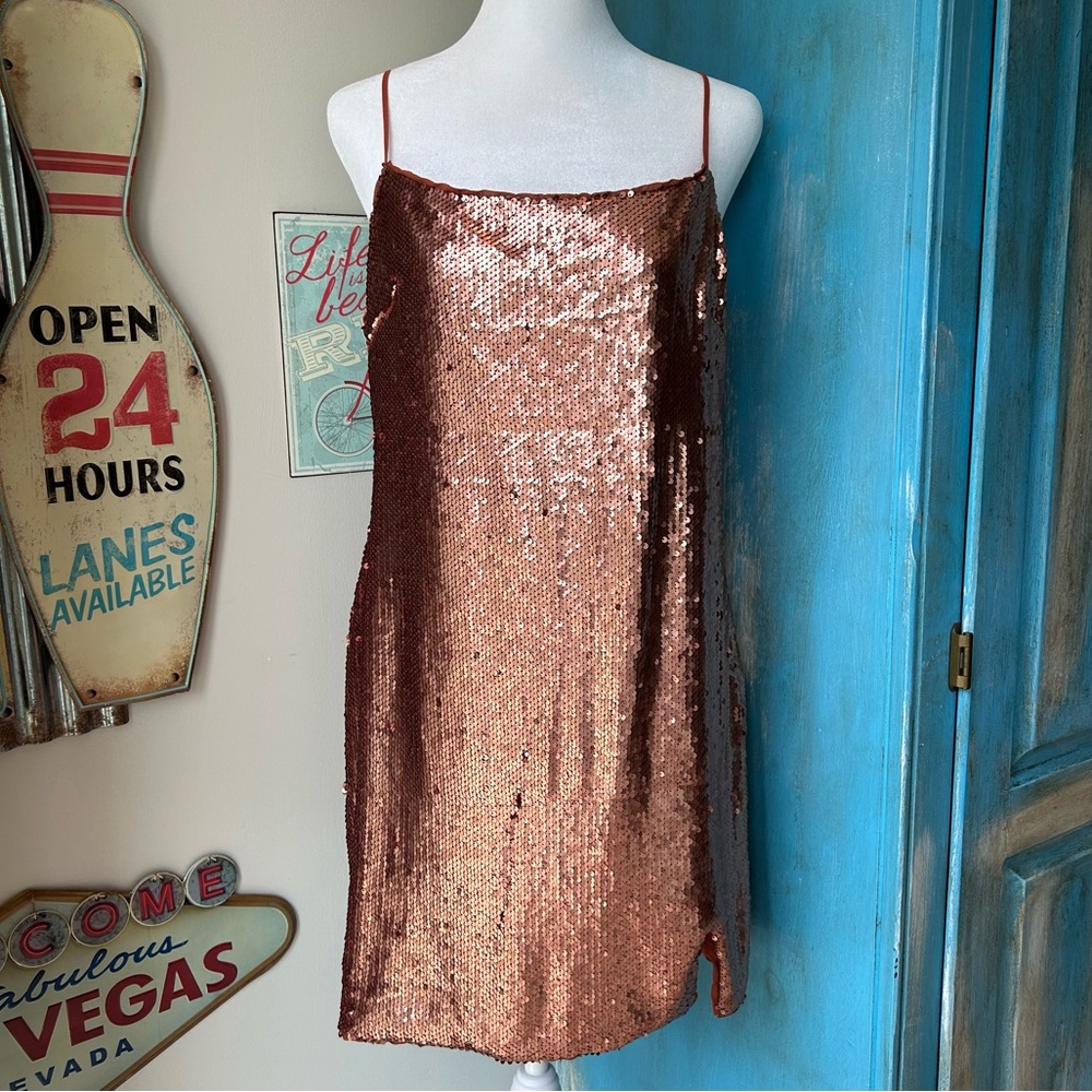 The Room Bronze Sequin Mini Dress Party Evening Shiny Spaghetti Strap